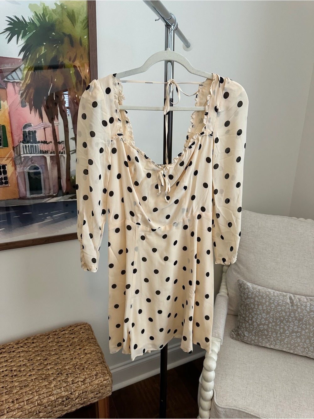 Reformation Cream Dress with Black Polka Dots